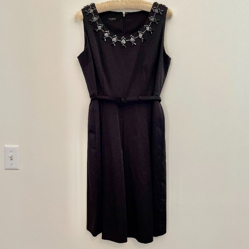Talbots Black Satin Dress with Beaded Neckline and Satin Belt